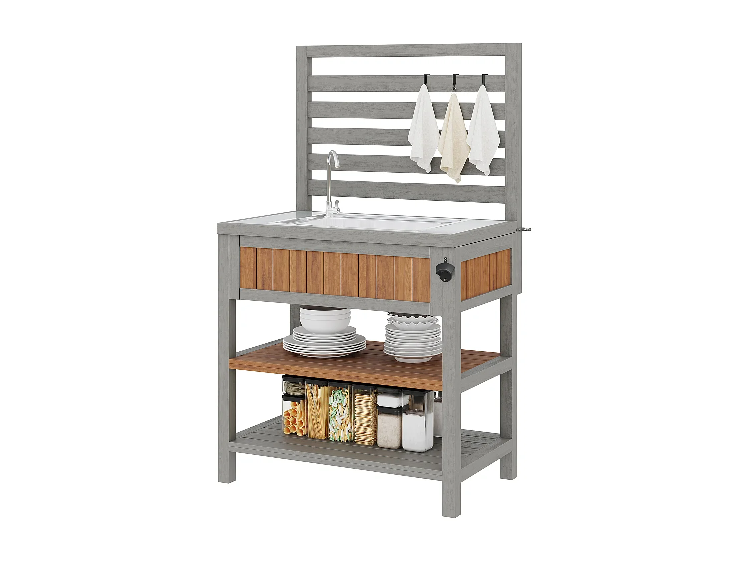 Servierwagen für Garten mit integrierter Spüle, Hahn und Flaschenöffner - Außenbuffet aus Massivholz mit Regalen und Haken - 80x51x148,5cm - Grau