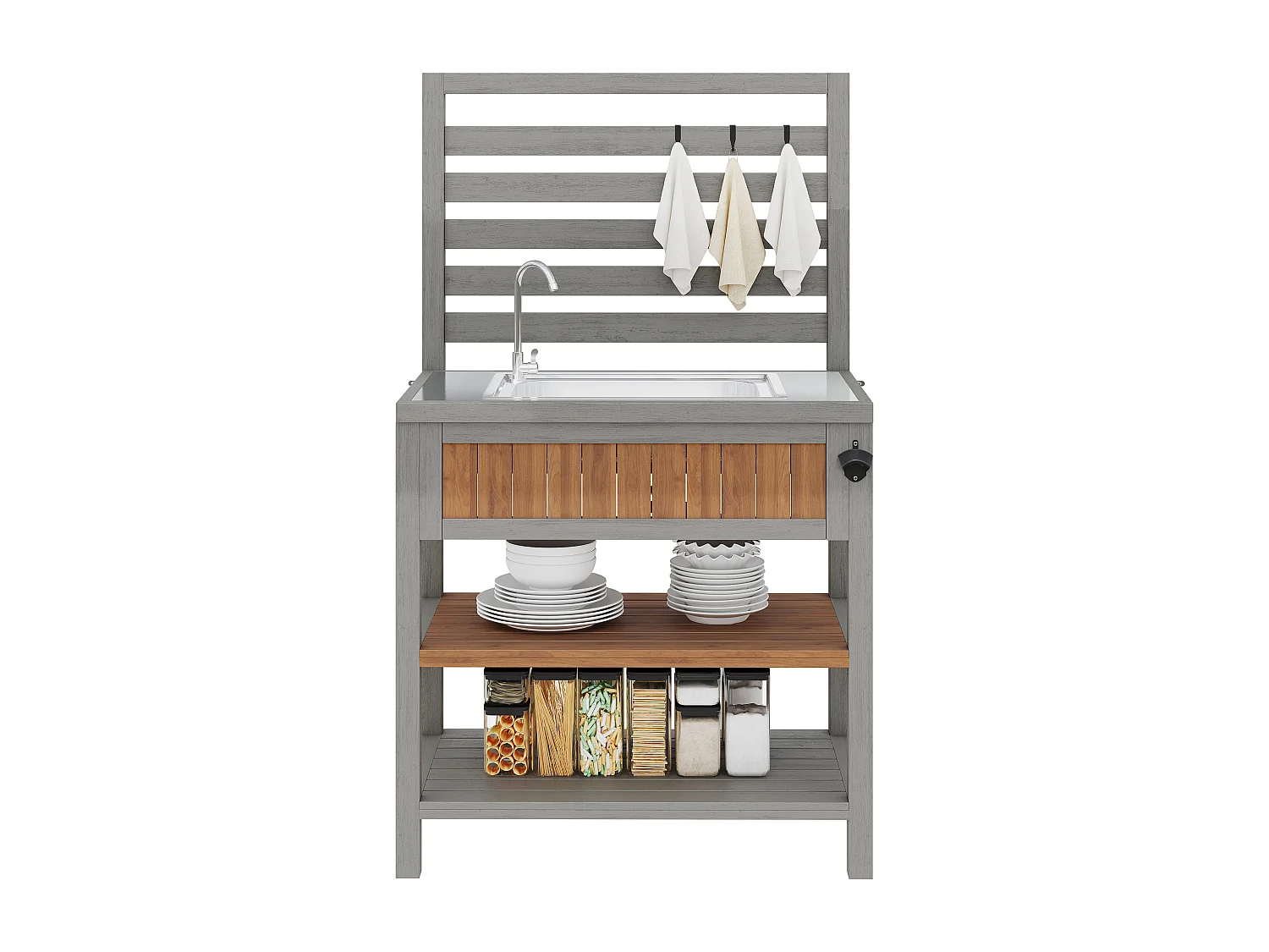 Servierwagen für Garten mit integrierter Spüle, Hahn und Flaschenöffner - Außenbuffet aus Massivholz mit Regalen und Haken - 80x51x148,5cm - Grau
