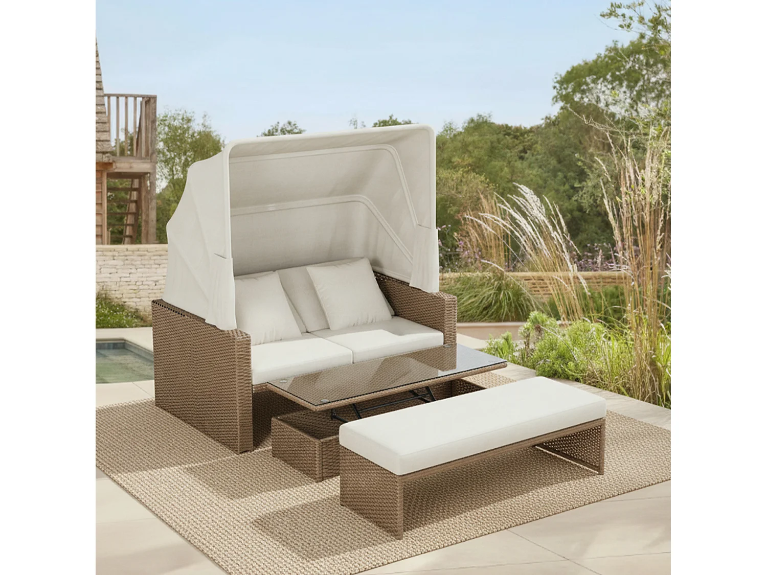 Salão de Jardim Modular 2-4 Lugares con Toldo Retrátil - Sofá conversível em Cama de Repouso - Mesa de Centro Ajustável - Resina Trançada - Caqui