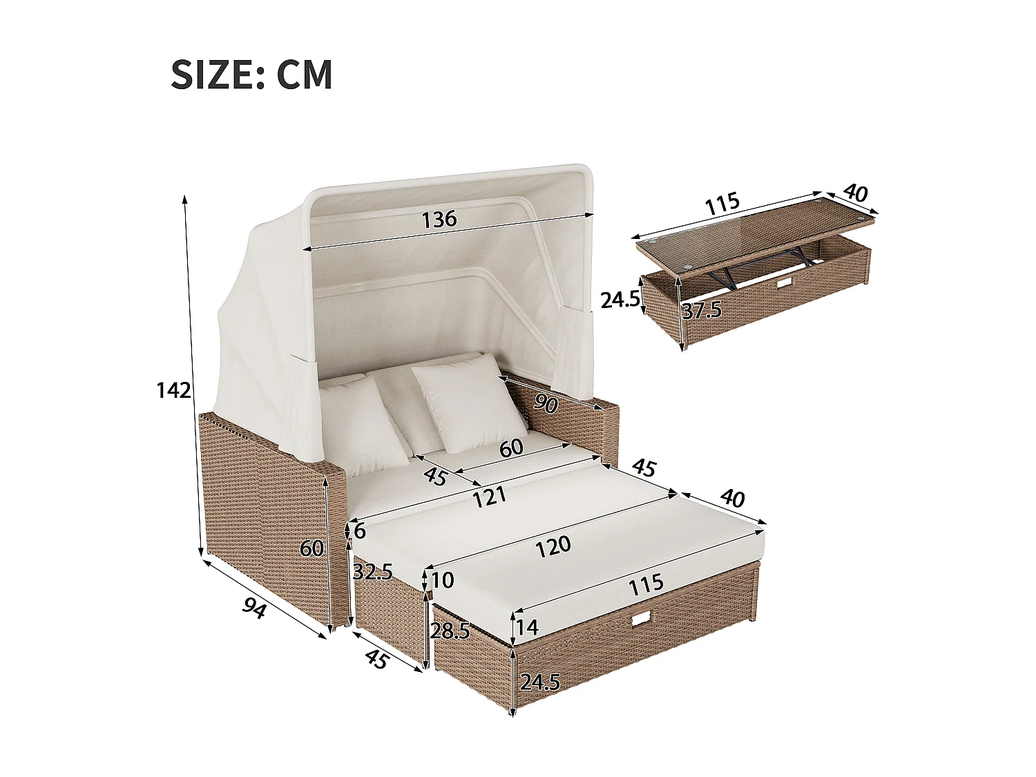 Salão de Jardim Modular 2-4 Lugares con Toldo Retrátil - Sofá conversível em Cama de Repouso - Mesa de Centro Ajustável - Resina Trançada - Caqui