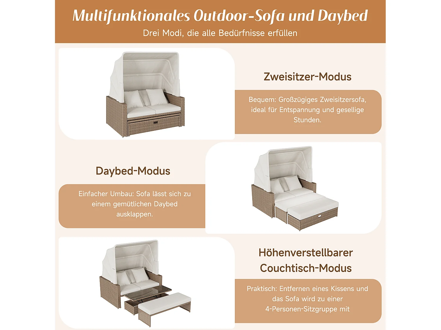 Salão de Jardim Modular 2-4 Lugares con Toldo Retrátil - Sofá conversível em Cama de Repouso - Mesa de Centro Ajustável - Resina Trançada - Caqui