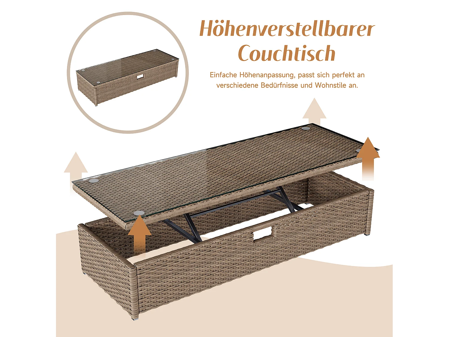 Salão de Jardim Modular 2-4 Lugares con Toldo Retrátil - Sofá conversível em Cama de Repouso - Mesa de Centro Ajustável - Resina Trançada - Caqui