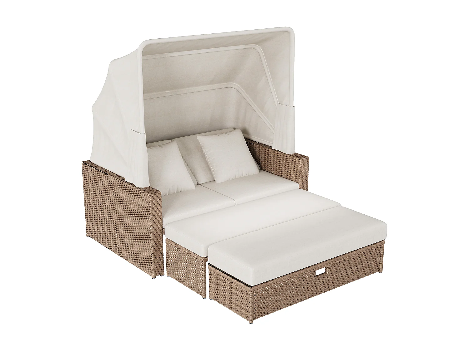 Salão de Jardim Modular 2-4 Lugares con Toldo Retrátil - Sofá conversível em Cama de Repouso - Mesa de Centro Ajustável - Resina Trançada - Caqui