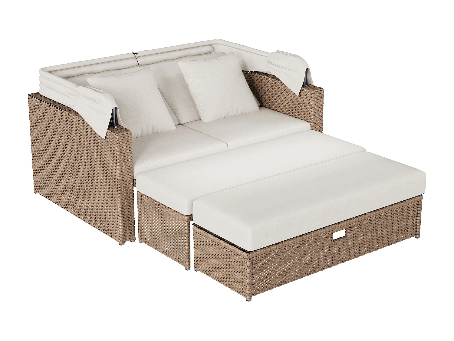 Salão de Jardim Modular 2-4 Lugares con Toldo Retrátil - Sofá conversível em Cama de Repouso - Mesa de Centro Ajustável - Resina Trançada - Caqui