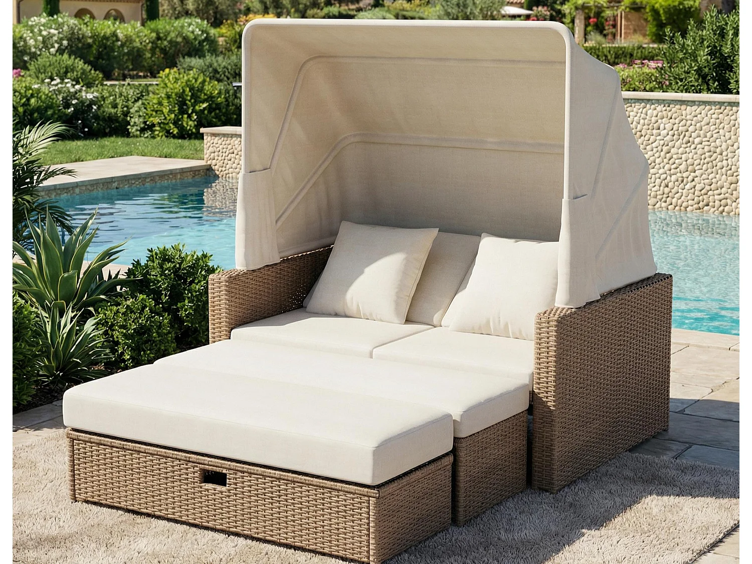 Salon de Jardin Modulable 2-4 Places avec Auvent Escamotable - Canapé convertible en Lit de Repos - Table Basse Réglable - Résine Tressée - Khak