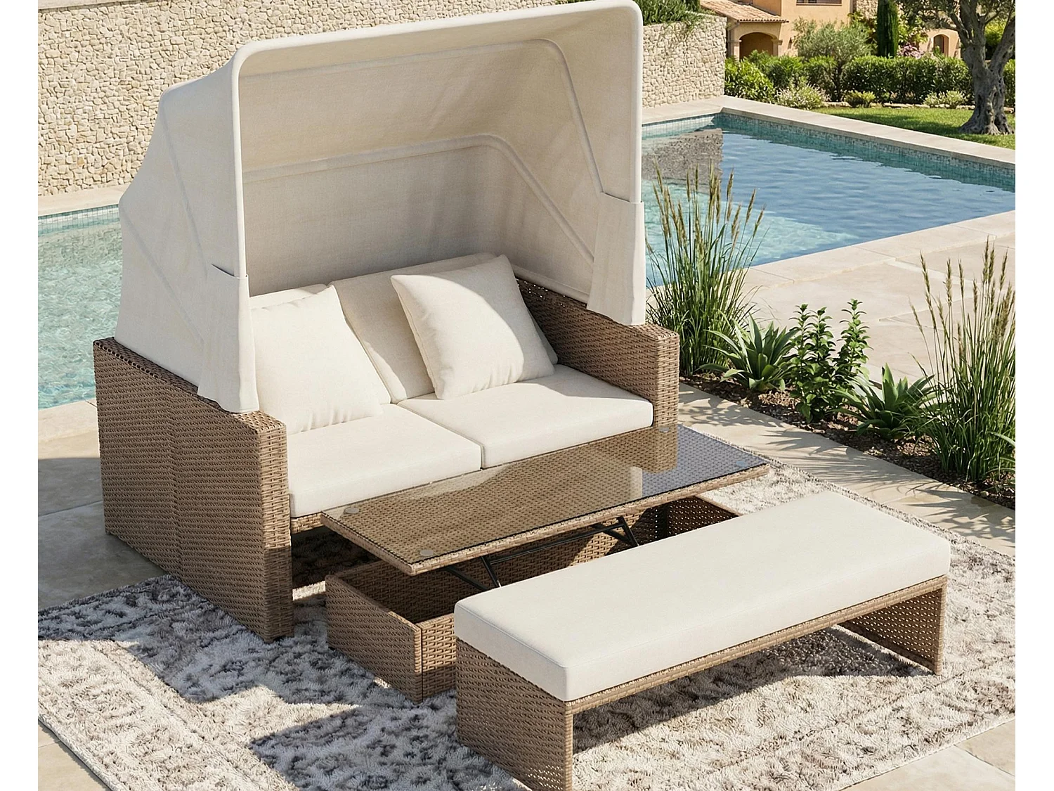 Salon de Jardin Modulable 2-4 Places avec Auvent Escamotable - Canapé convertible en Lit de Repos - Table Basse Réglable - Résine Tressée - Khak