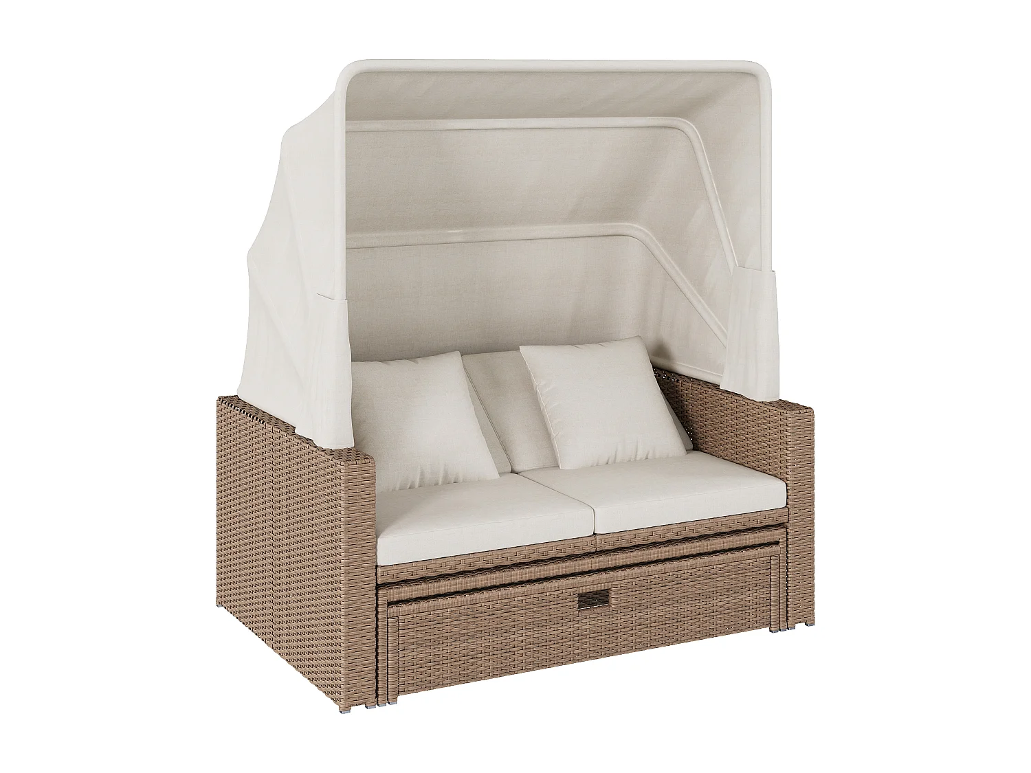 Salon de Jardin Modulable 2-4 Places avec Auvent Escamotable - Canapé convertible en Lit de Repos - Table Basse Réglable - Résine Tressée - Khak