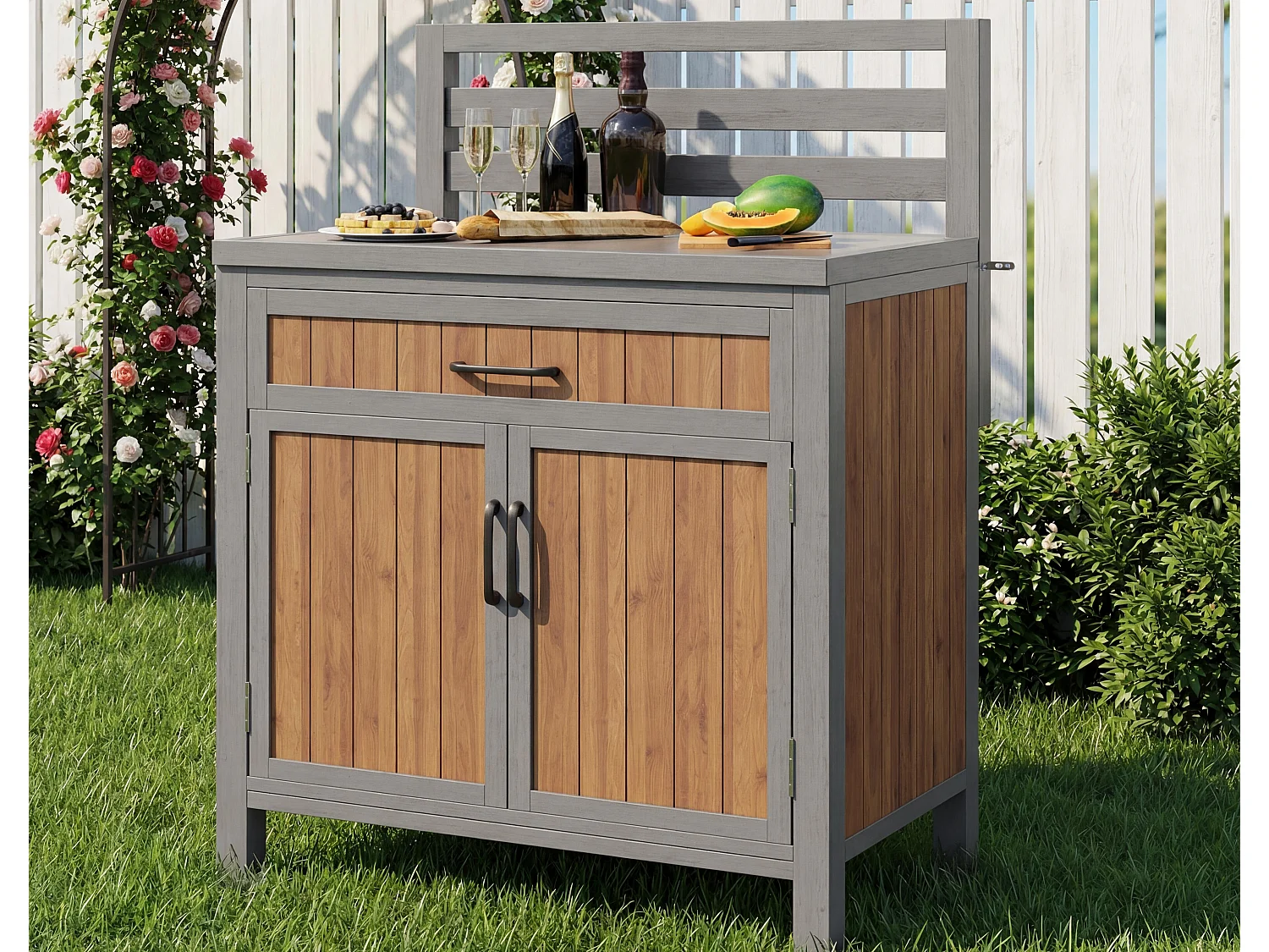 Gartenschrank aus Massivkiefer mit Arbeitsplatte und Schublade - Außen-Aufbewahrungsschrank, Grillstation - 80x51x119cm - Grau