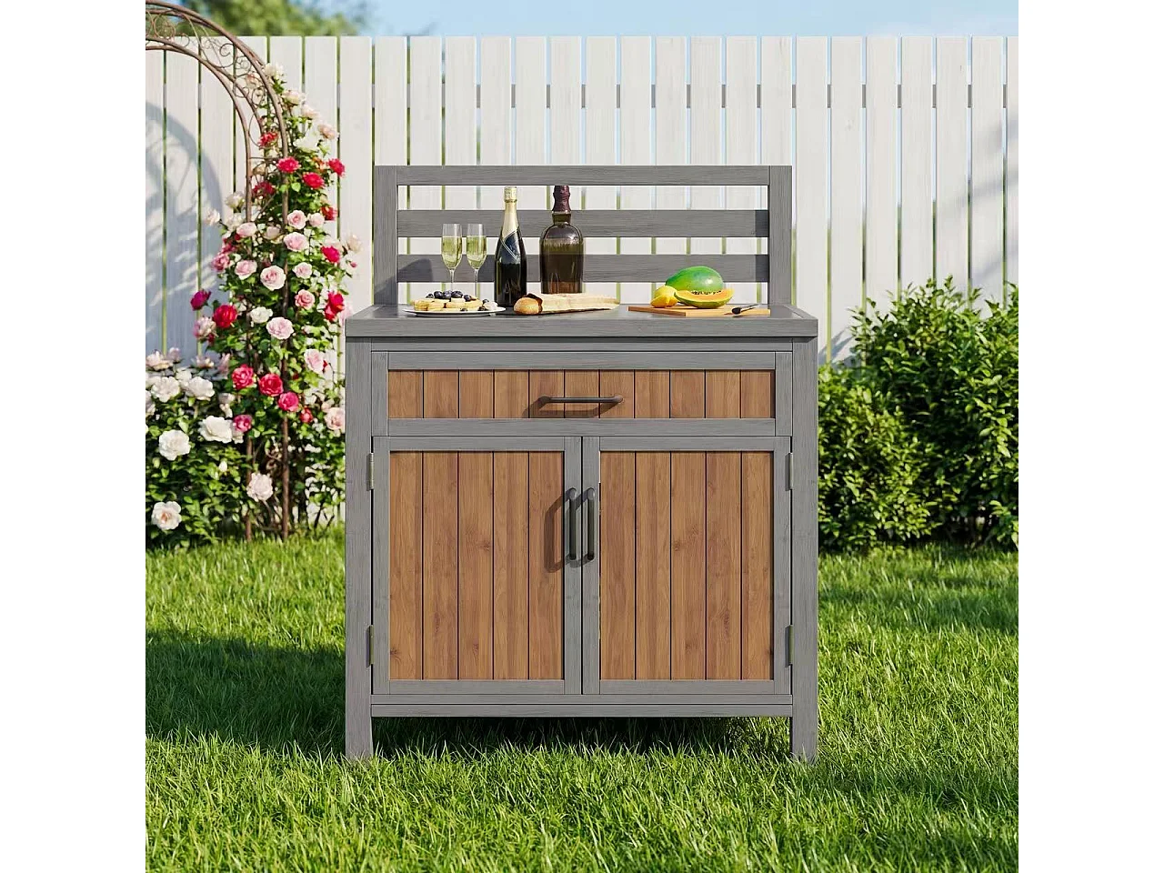 Gartenschrank aus Massivkiefer mit Arbeitsplatte und Schublade - Außen-Aufbewahrungsschrank, Grillstation - 80x51x119cm - Grau