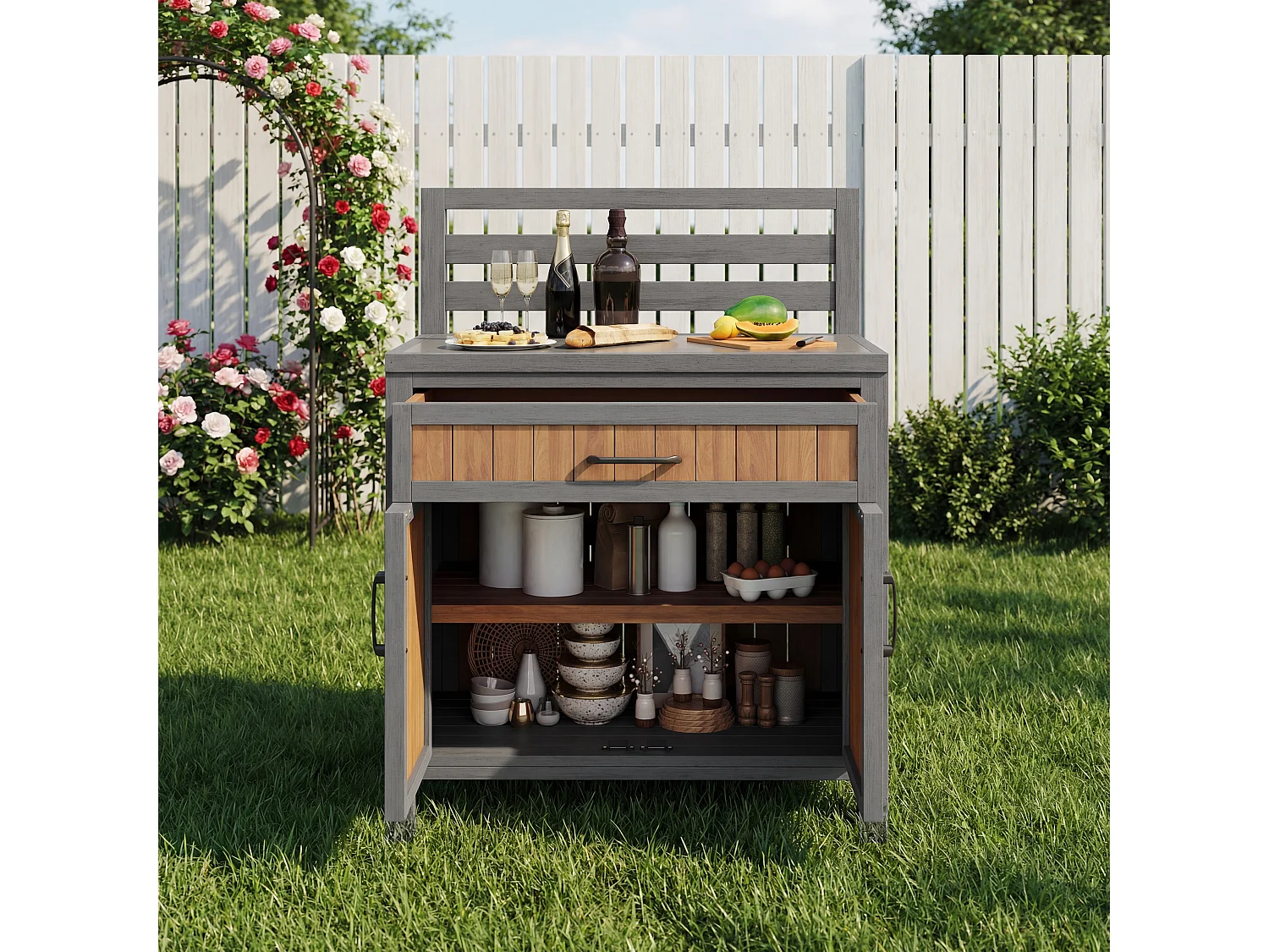 Gartenschrank aus Massivkiefer mit Arbeitsplatte und Schublade - Außen-Aufbewahrungsschrank, Grillstation - 80x51x119cm - Grau