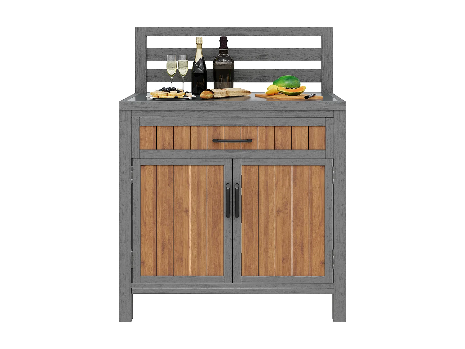 Gartenschrank aus Massivkiefer mit Arbeitsplatte und Schublade - Außen-Aufbewahrungsschrank, Grillstation - 80x51x119cm - Grau