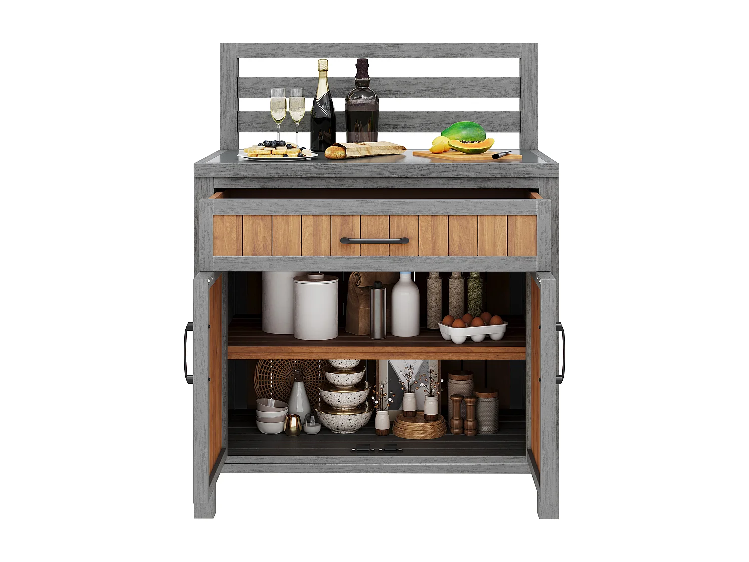 Gartenschrank aus Massivkiefer mit Arbeitsplatte und Schublade - Außen-Aufbewahrungsschrank, Grillstation - 80x51x119cm - Grau