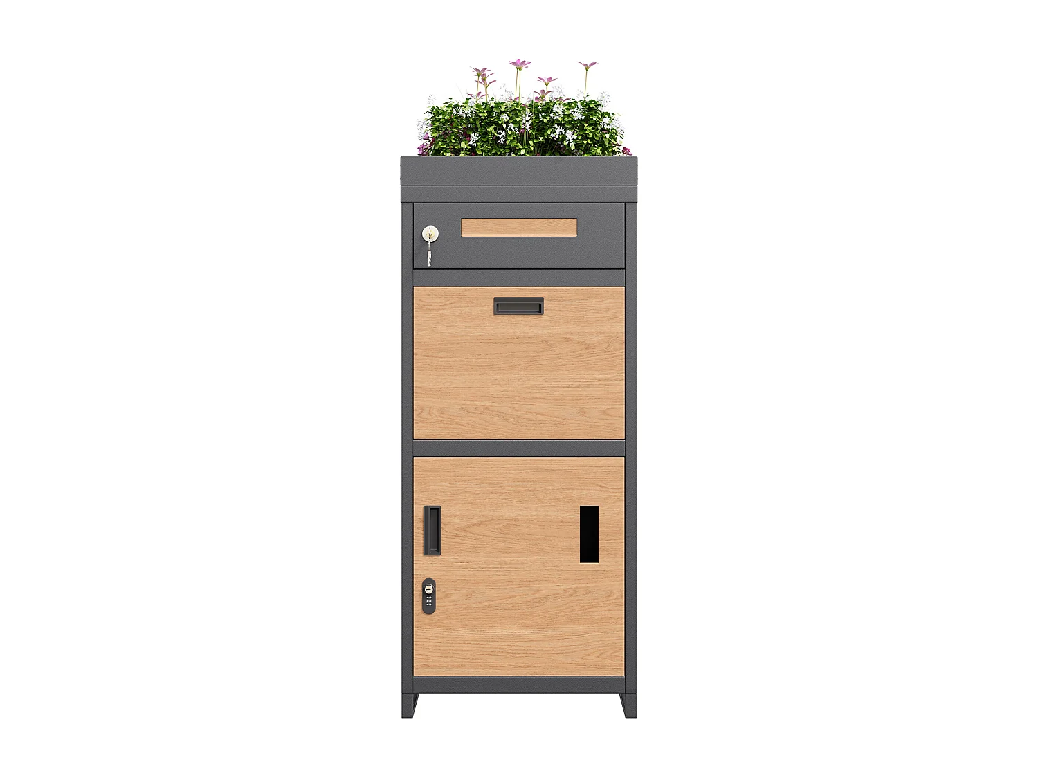 Cassetta della posta e pacchi con piede con Fioriera integrata - Acciaio zincato aspetto Legno - Sicuro con Serratura - Grigio Antracite