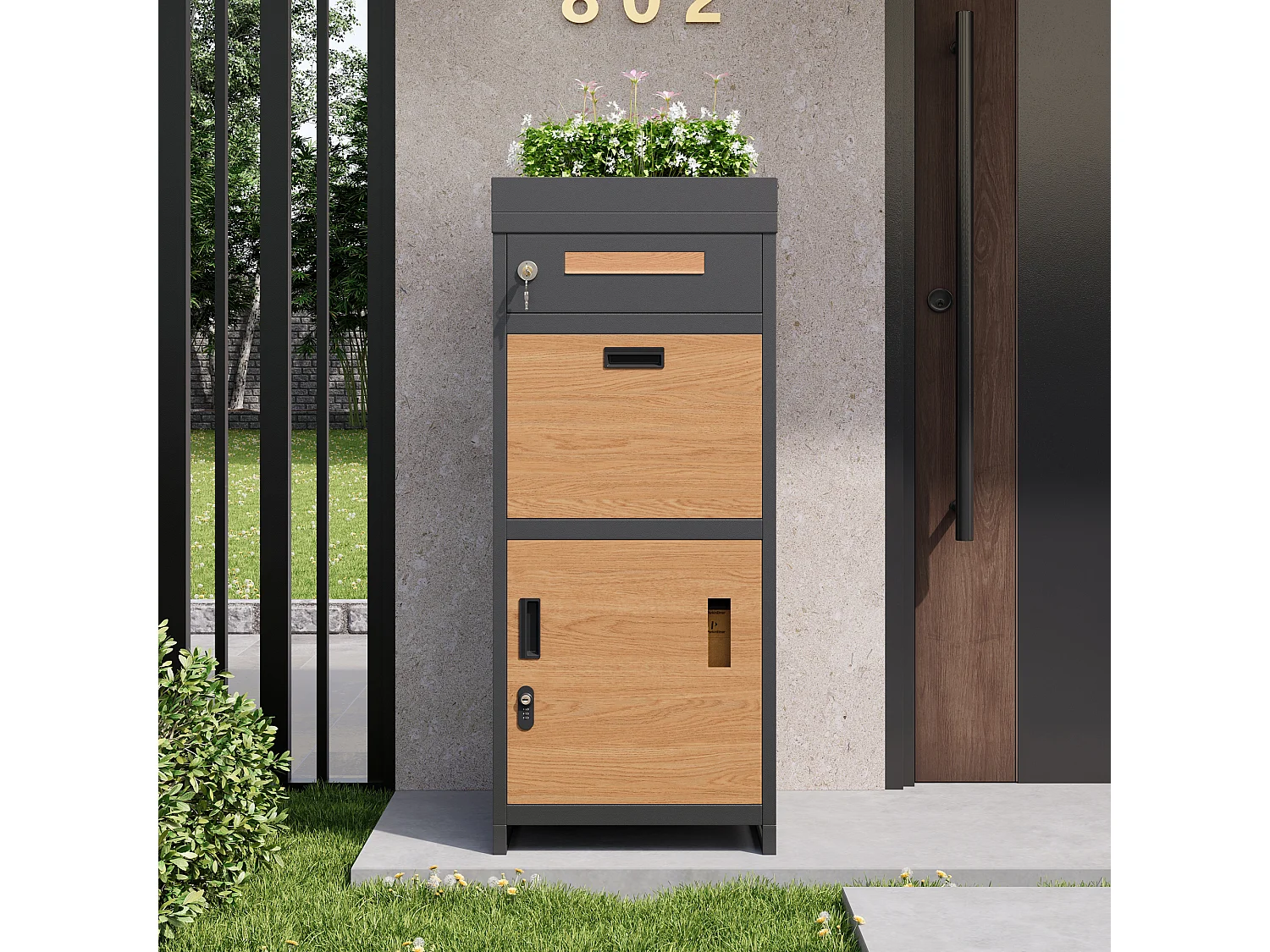 Cassetta della posta e pacchi con piede con Fioriera integrata - Acciaio zincato aspetto Legno - Sicuro con Serratura - Grigio Antracite