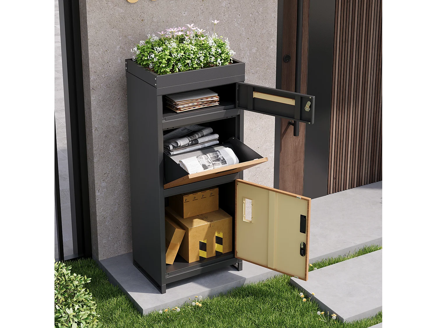 Cassetta della posta e pacchi con piede con Fioriera integrata - Acciaio zincato aspetto Legno - Sicuro con Serratura - Grigio Antracite