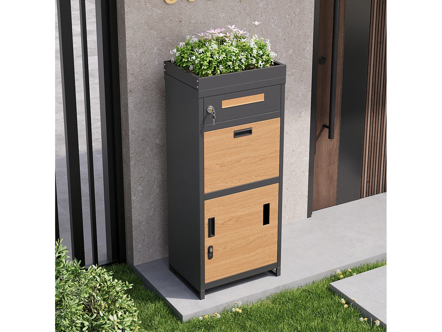 Cassetta della posta e pacchi con piede con Fioriera integrata - Acciaio zincato aspetto Legno - Sicuro con Serratura - Grigio Antracite