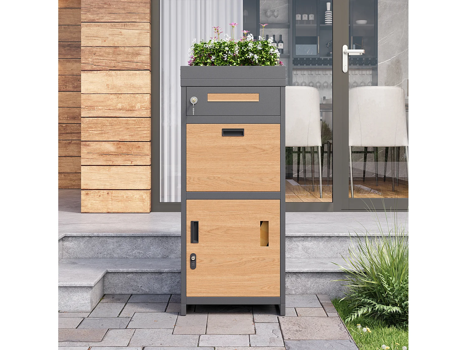 Cassetta della posta e pacchi con piede con Fioriera integrata - Acciaio zincato aspetto Legno - Sicuro con Serratura - Grigio Antracite
