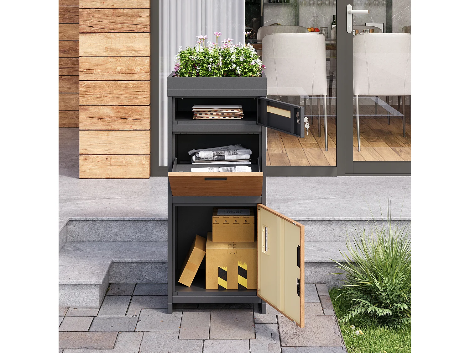 Cassetta della posta e pacchi con piede con Fioriera integrata - Acciaio zincato aspetto Legno - Sicuro con Serratura - Grigio Antracite