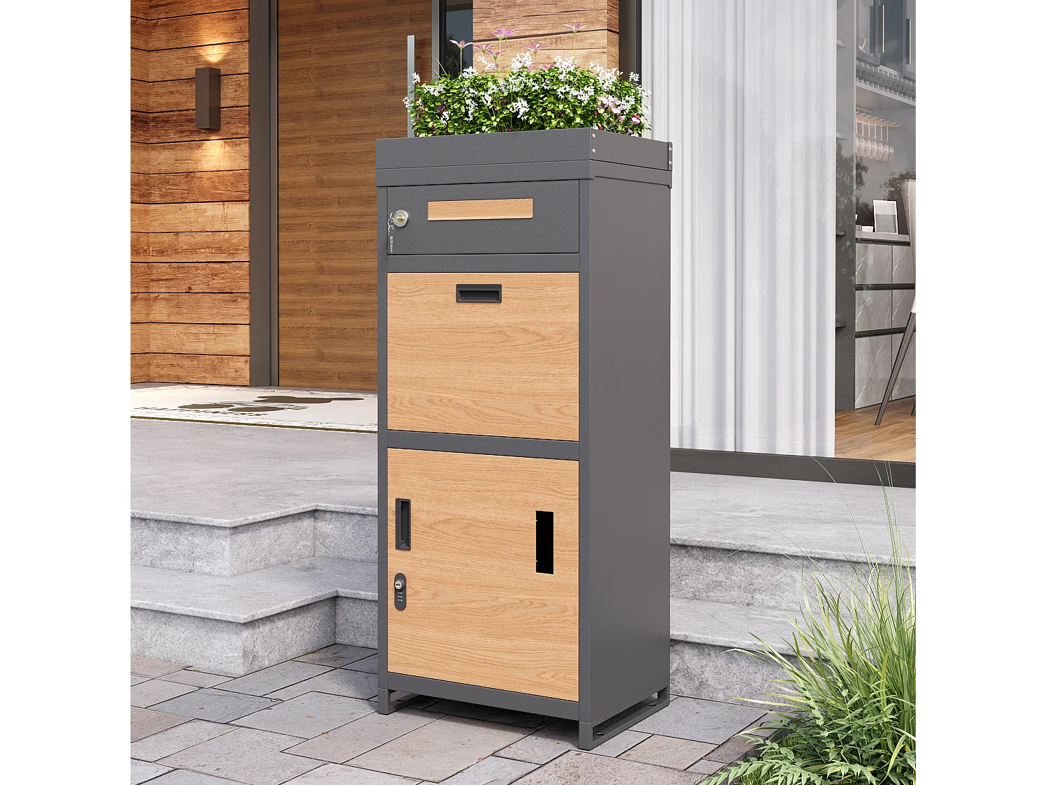 Cassetta della posta e pacchi con piede con Fioriera integrata - Acciaio zincato aspetto Legno - Sicuro con Serratura - Grigio Antracite