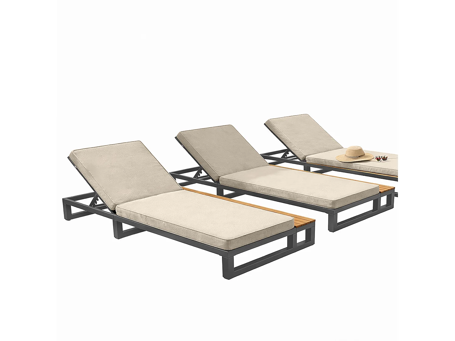 Espreguiçadeira de Jardim con Prancha Lateral em WPC - Encosto Inclinável 4 Posiciones - Estrutura Aço e Madeira Composta - Bege