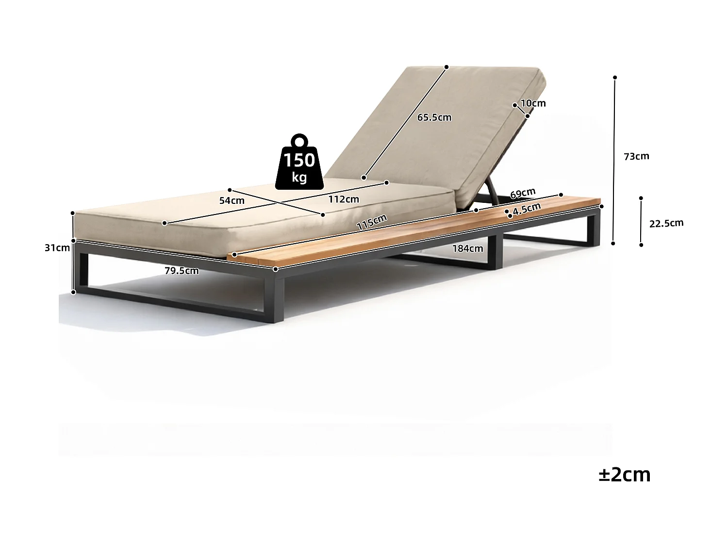 Espreguiçadeira de Jardim con Prancha Lateral em WPC - Encosto Inclinável 4 Posiciones - Estrutura Aço e Madeira Composta - Bege