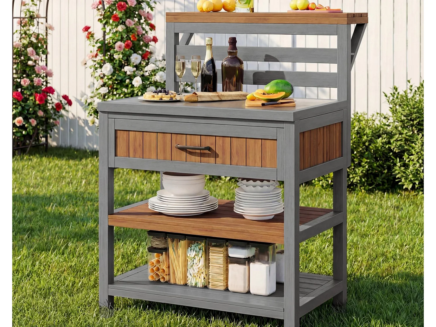 Servierwagen für den Garten aus Massivholz mit Edelstahl-Platte und großer Schublade - Sichere Grillstation mit offenen Regalen - 80x72,5x123cm - Grau