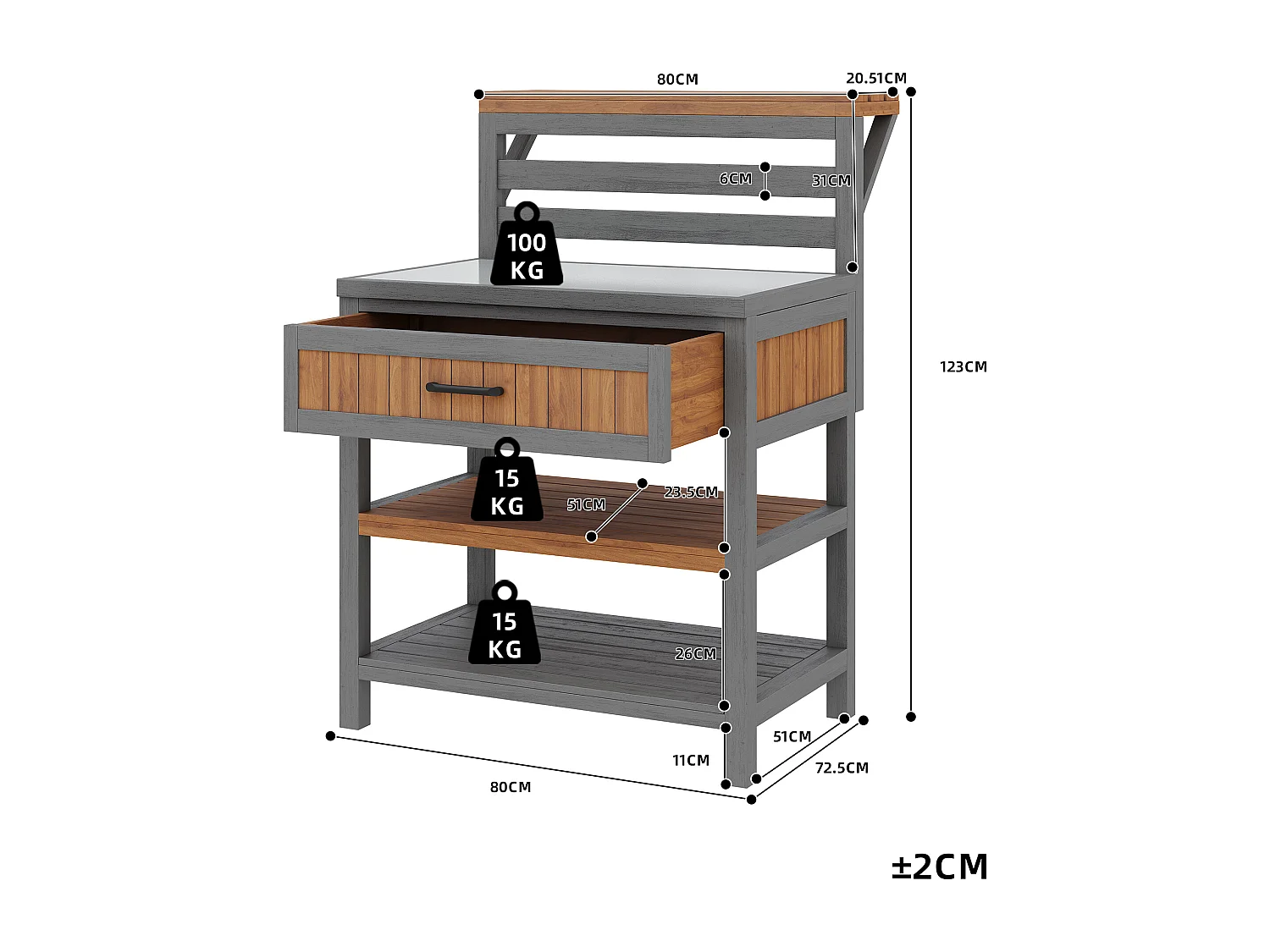 Servierwagen für den Garten aus Massivholz mit Edelstahl-Platte und großer Schublade - Sichere Grillstation mit offenen Regalen - 80x72,5x123cm - Grau