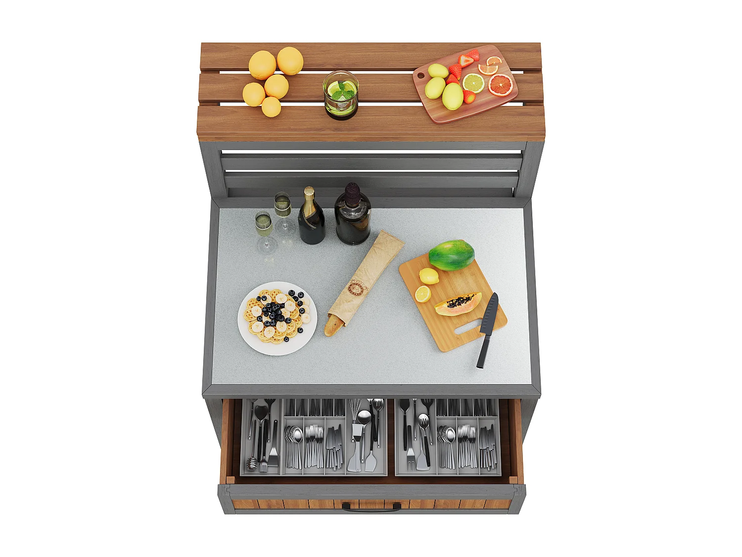 Servierwagen für den Garten aus Massivholz mit Edelstahl-Platte und großer Schublade - Sichere Grillstation mit offenen Regalen - 80x72,5x123cm - Grau