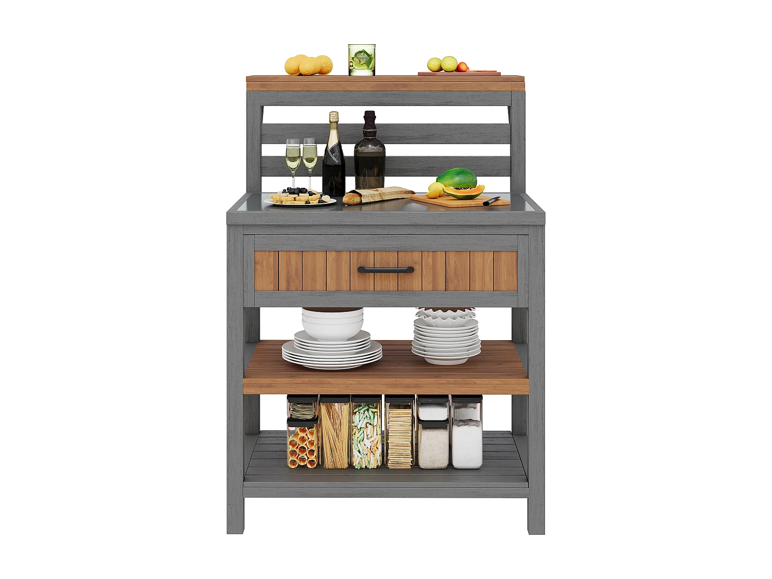 Servierwagen für den Garten aus Massivholz mit Edelstahl-Platte und großer Schublade - Sichere Grillstation mit offenen Regalen - 80x72,5x123cm - Grau