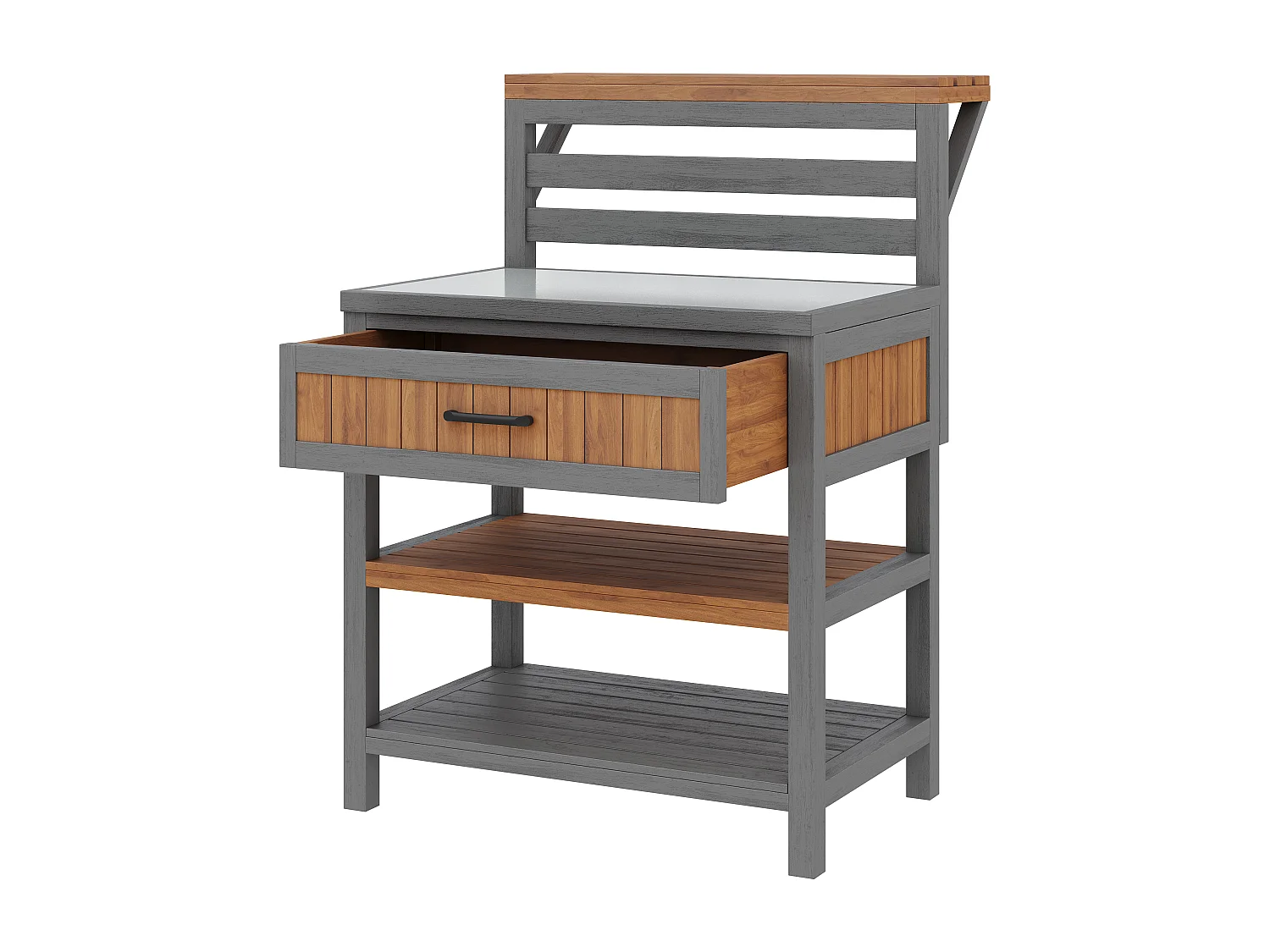 Servierwagen für den Garten aus Massivholz mit Edelstahl-Platte und großer Schublade - Sichere Grillstation mit offenen Regalen - 80x72,5x123cm - Grau