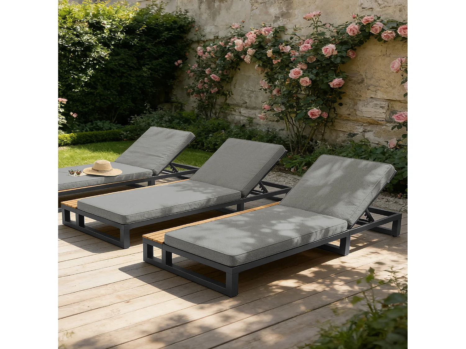 Espreguiçadeira de Jardim e Praia Inclinável 4 Posições - Cama de Repouso con Pranchas Laterais - Metal e Madeira Composta WPC - Cinza