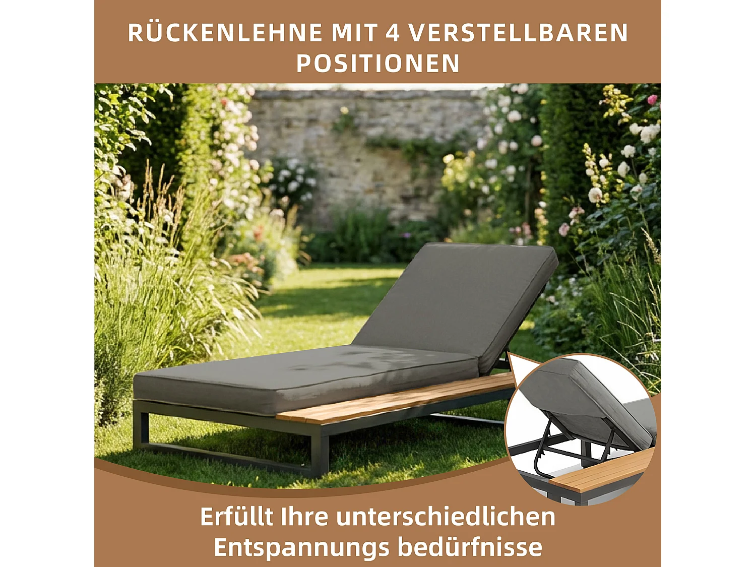 Espreguiçadeira de Jardim e Praia Inclinável 4 Posições - Cama de Repouso con Pranchas Laterais - Metal e Madeira Composta WPC - Cinza