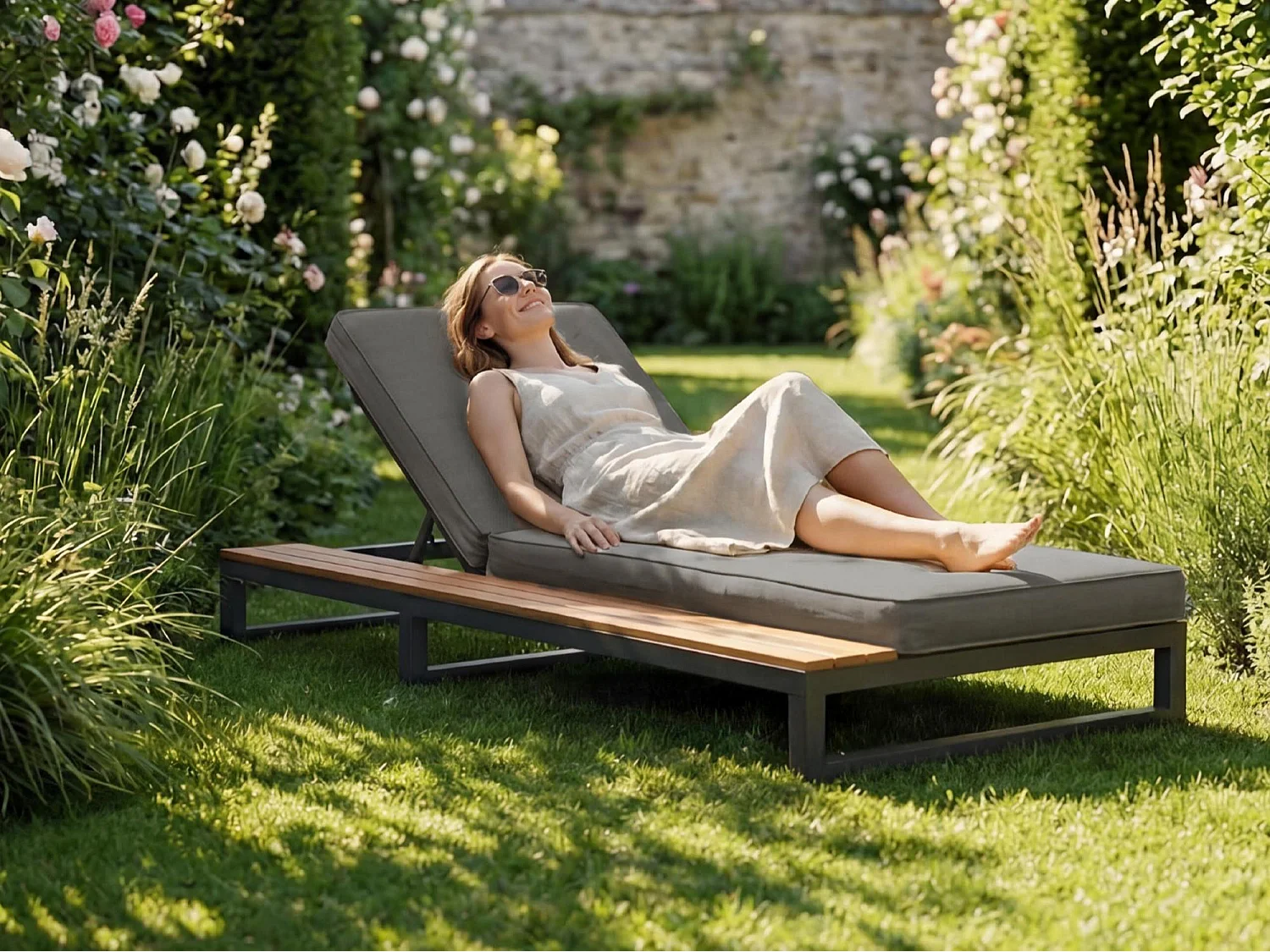Bain de Soleil de Jardin et Plage Inclinable 4 Positions - Lit de Repos avec Tablettes Latérales - Métal et Bois Composite WPC - Gris