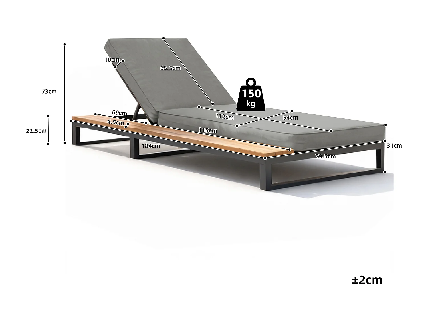 Espreguiçadeira de Jardim e Praia Inclinável 4 Posições - Cama de Repouso con Pranchas Laterais - Metal e Madeira Composta WPC - Cinza