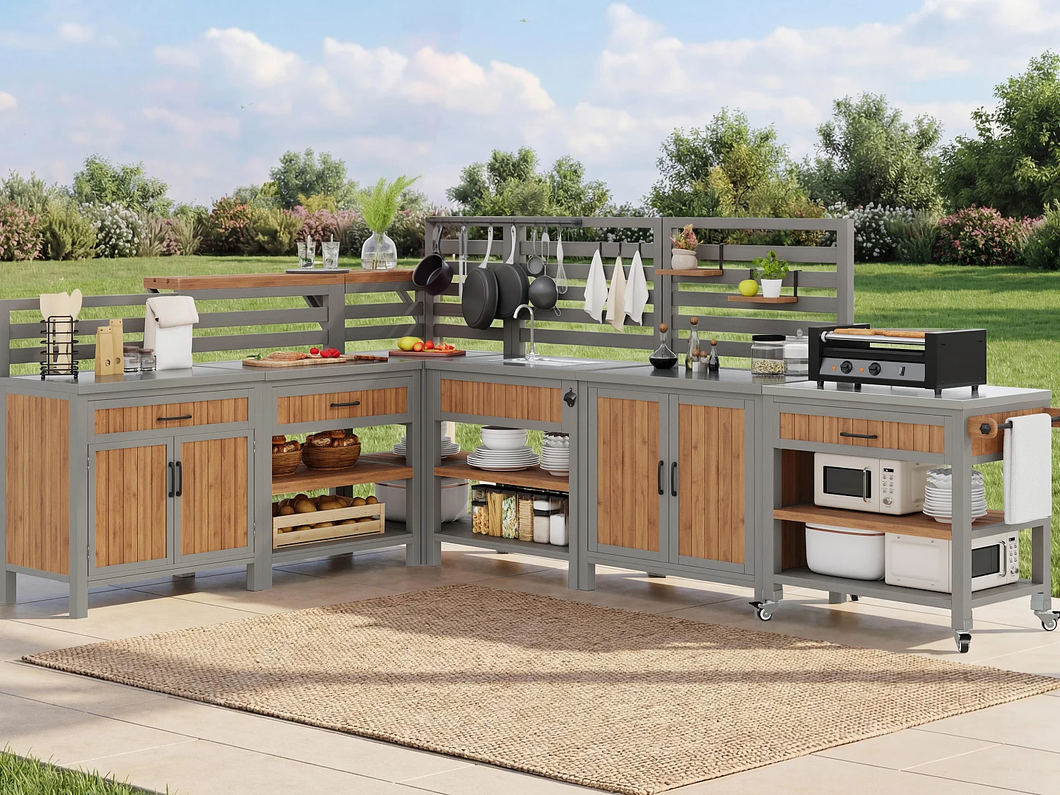 Modulare Sommerküche XXL aus Massivholz mit Edelstahl-Spüle und -Platte - Mobile Grillstation, Buffet und Außenaufbewahrung - 404cm - Grau/Holz