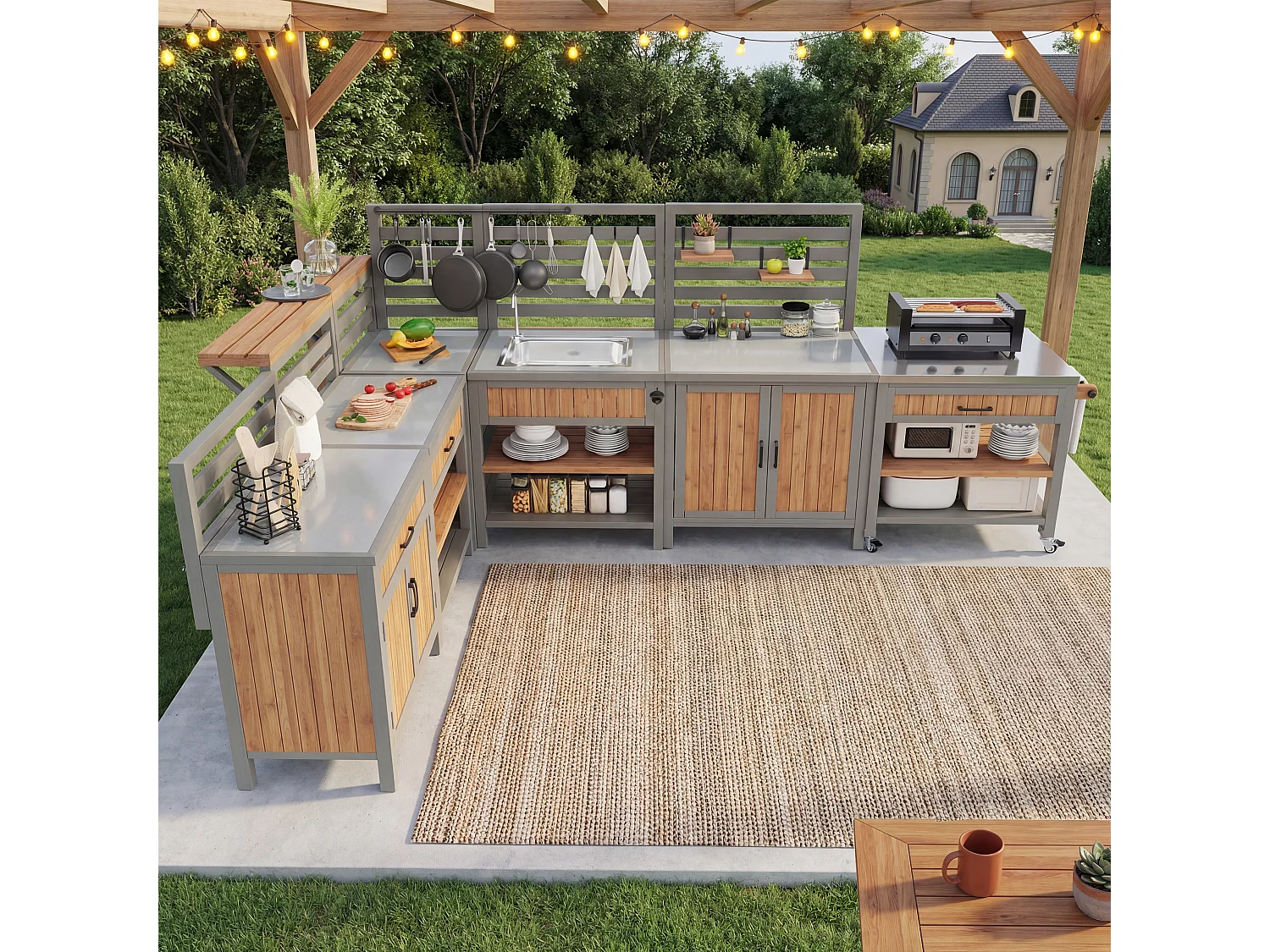 Modulare Sommerküche XXL aus Massivholz mit Edelstahl-Spüle und -Platte - Mobile Grillstation, Buffet und Außenaufbewahrung - 404cm - Grau/Holz