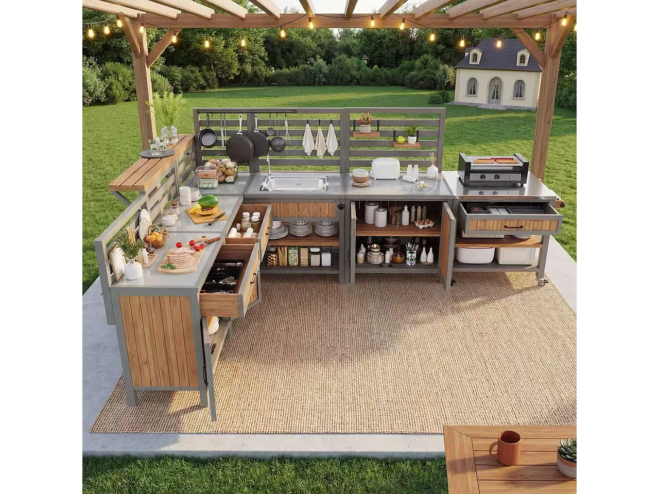 Modulare Sommerküche XXL aus Massivholz mit Edelstahl-Spüle und -Platte - Mobile Grillstation, Buffet und Außenaufbewahrung - 404cm - Grau/Holz