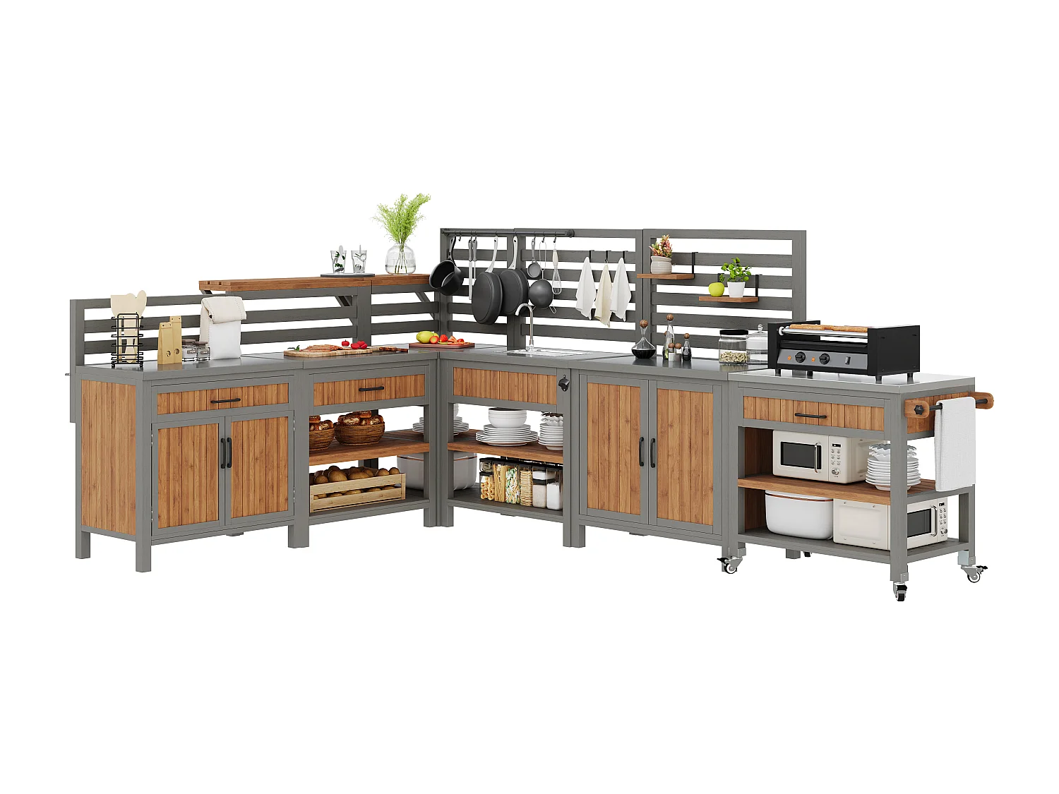 Modulare Sommerküche XXL aus Massivholz mit Edelstahl-Spüle und -Platte - Mobile Grillstation, Buffet und Außenaufbewahrung - 404cm - Grau/Holz