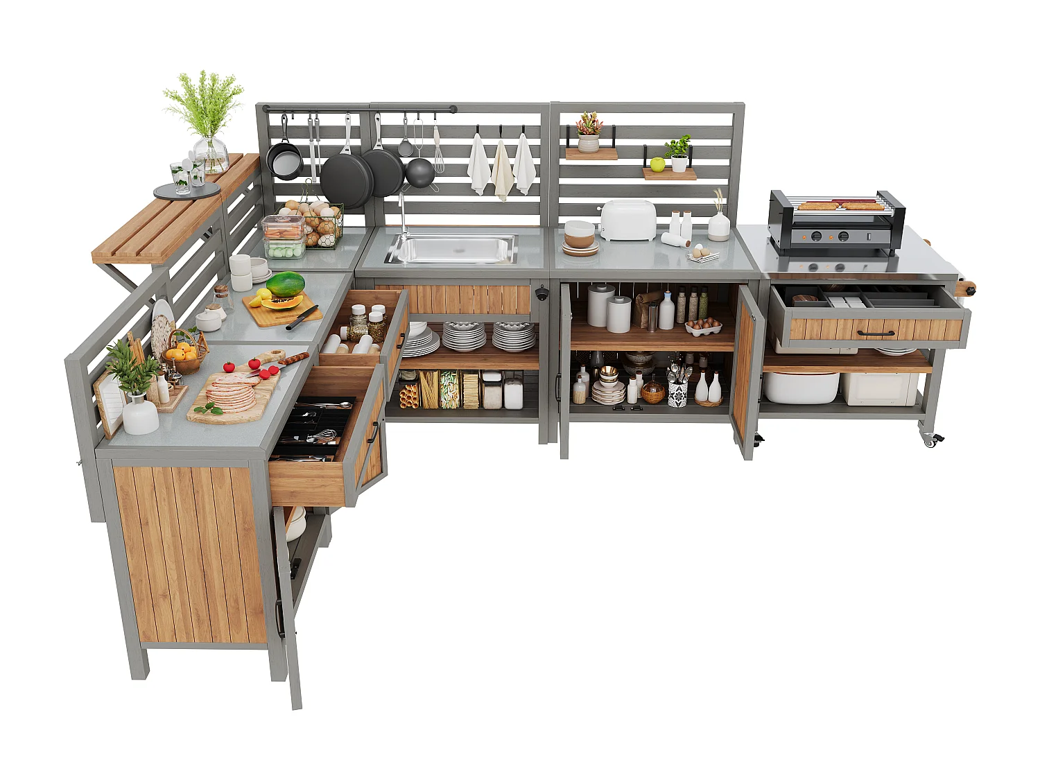 Modulare Sommerküche XXL aus Massivholz mit Edelstahl-Spüle und -Platte - Mobile Grillstation, Buffet und Außenaufbewahrung - 404cm - Grau/Holz