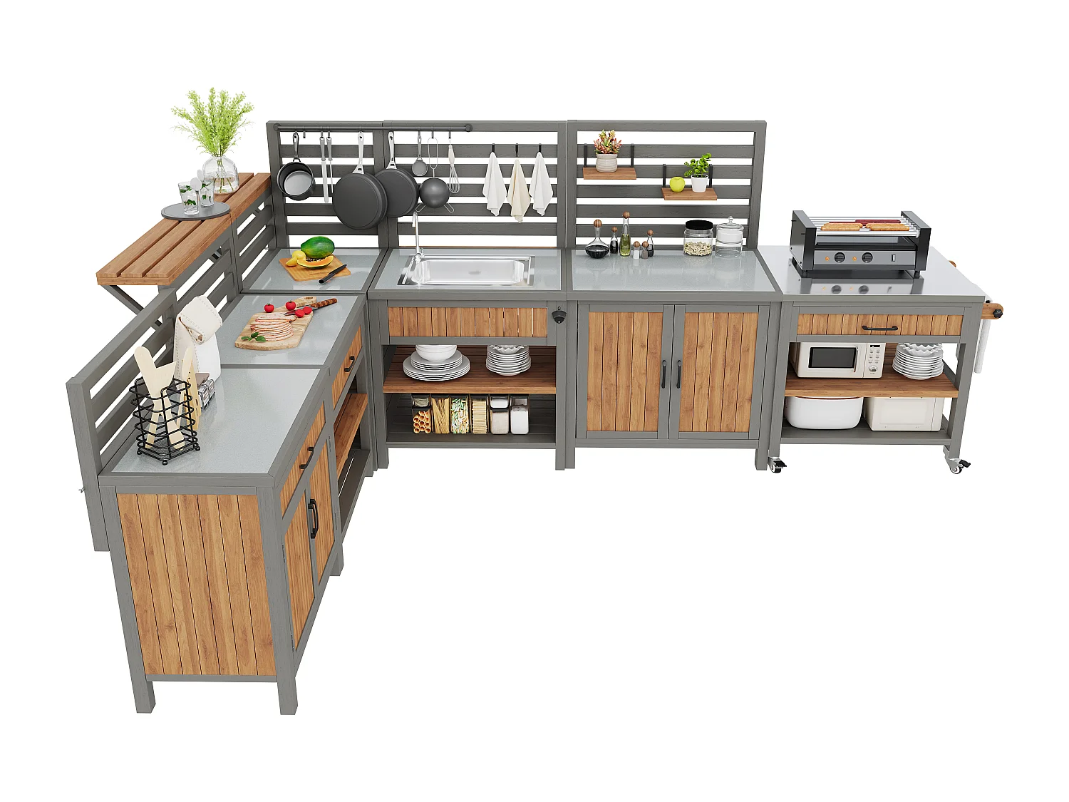Modulare Sommerküche XXL aus Massivholz mit Edelstahl-Spüle und -Platte - Mobile Grillstation, Buffet und Außenaufbewahrung - 404cm - Grau/Holz
