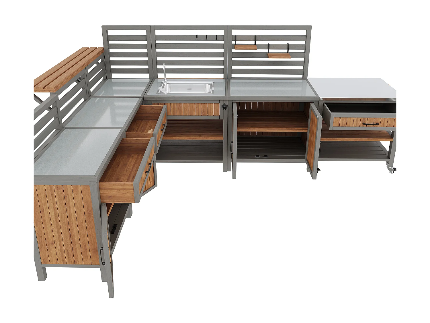 Modulare Sommerküche XXL aus Massivholz mit Edelstahl-Spüle und -Platte - Mobile Grillstation, Buffet und Außenaufbewahrung - 404cm - Grau/Holz