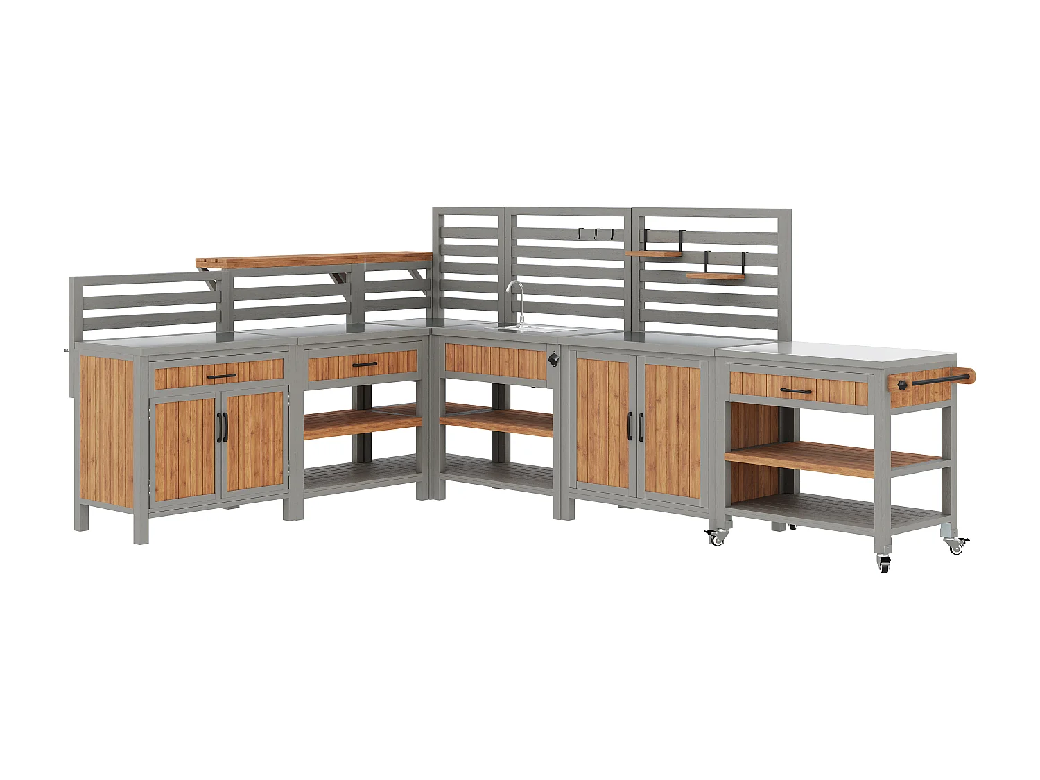 Modulare Sommerküche XXL aus Massivholz mit Edelstahl-Spüle und -Platte - Mobile Grillstation, Buffet und Außenaufbewahrung - 404cm - Grau/Holz