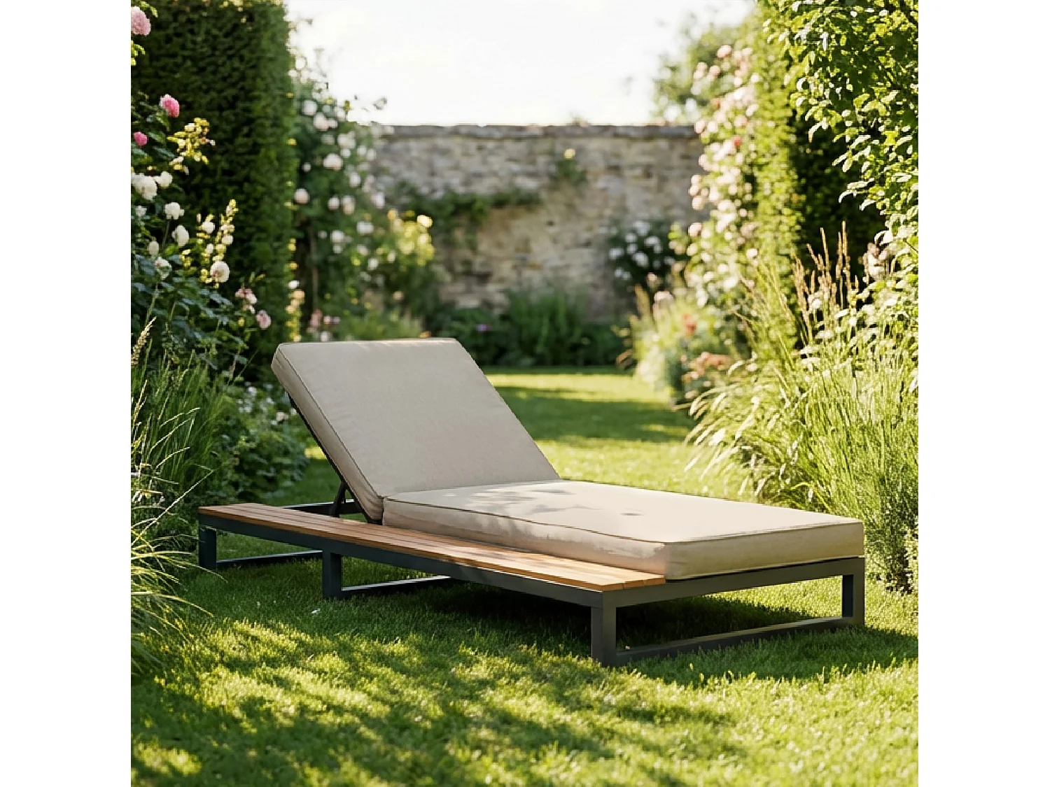 Bain de Soleil de Jardin et Plage Inclinable 4 Positions - Lit de Repos avec Tablettes Latérales - Métal et Bois Composite WPC - Beige