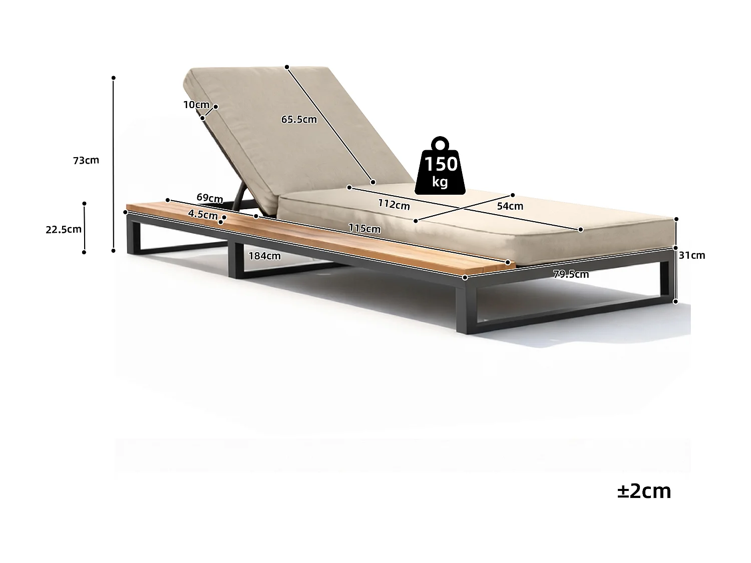 Bain de Soleil de Jardin et Plage Inclinable 4 Positions - Lit de Repos avec Tablettes Latérales - Métal et Bois Composite WPC - Beige