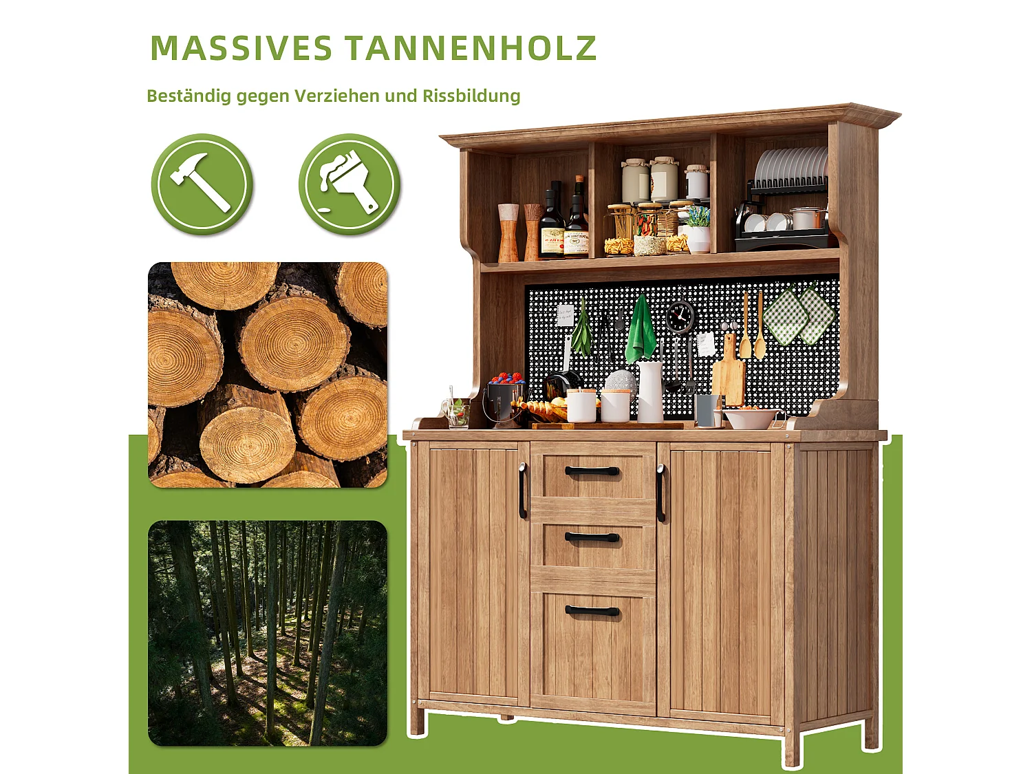 Garten-Buffet aus Massivkiefer mit 3 Schubladen, Lochplatte und Höhenverstellbaren Regalen - Außen-Aufbewahrungsschrank im Vintage-Stil - Natur