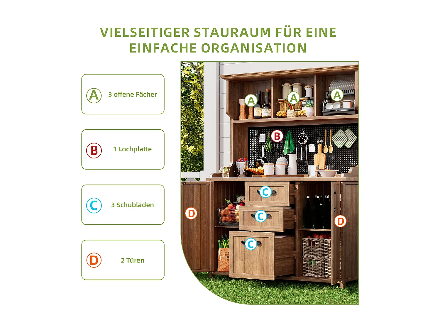 Garten-Buffet aus Massivkiefer mit 3 Schubladen, Lochplatte und Höhenverstellbaren Regalen - Außen-Aufbewahrungsschrank im Vintage-Stil - Natur