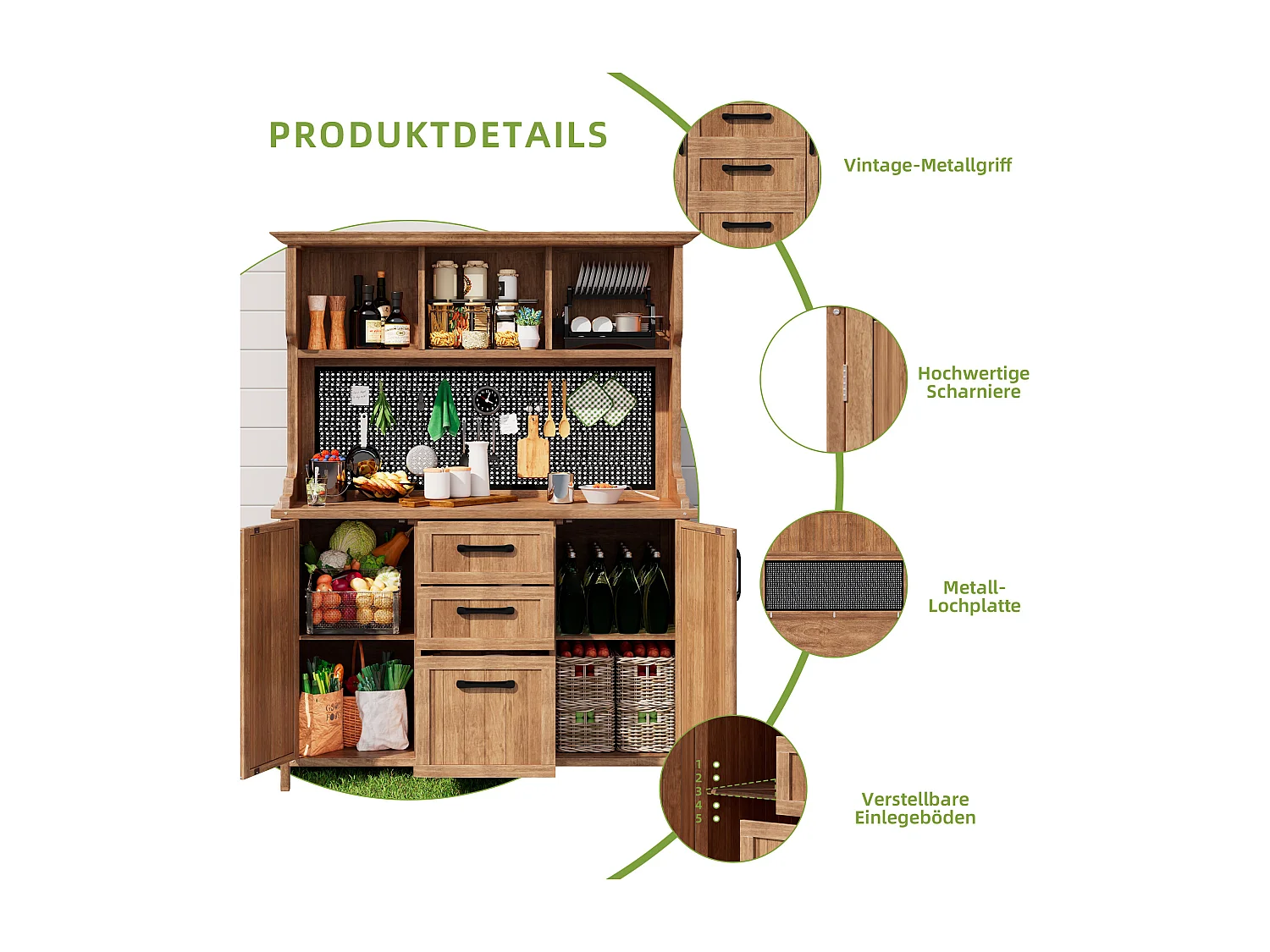 Garten-Buffet aus Massivkiefer mit 3 Schubladen, Lochplatte und Höhenverstellbaren Regalen - Außen-Aufbewahrungsschrank im Vintage-Stil - Natur