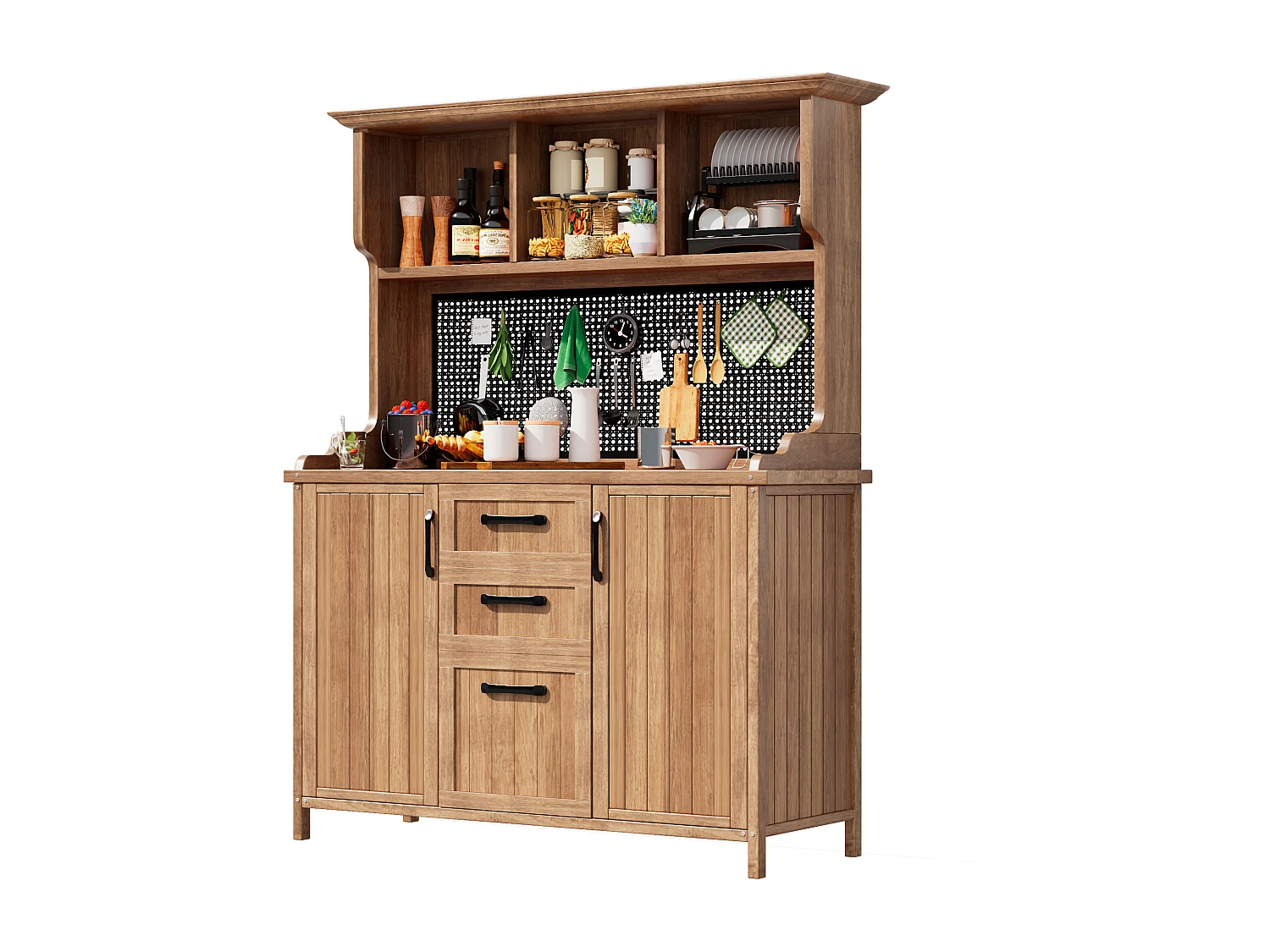 Garten-Buffet aus Massivkiefer mit 3 Schubladen, Lochplatte und Höhenverstellbaren Regalen - Außen-Aufbewahrungsschrank im Vintage-Stil - Natur