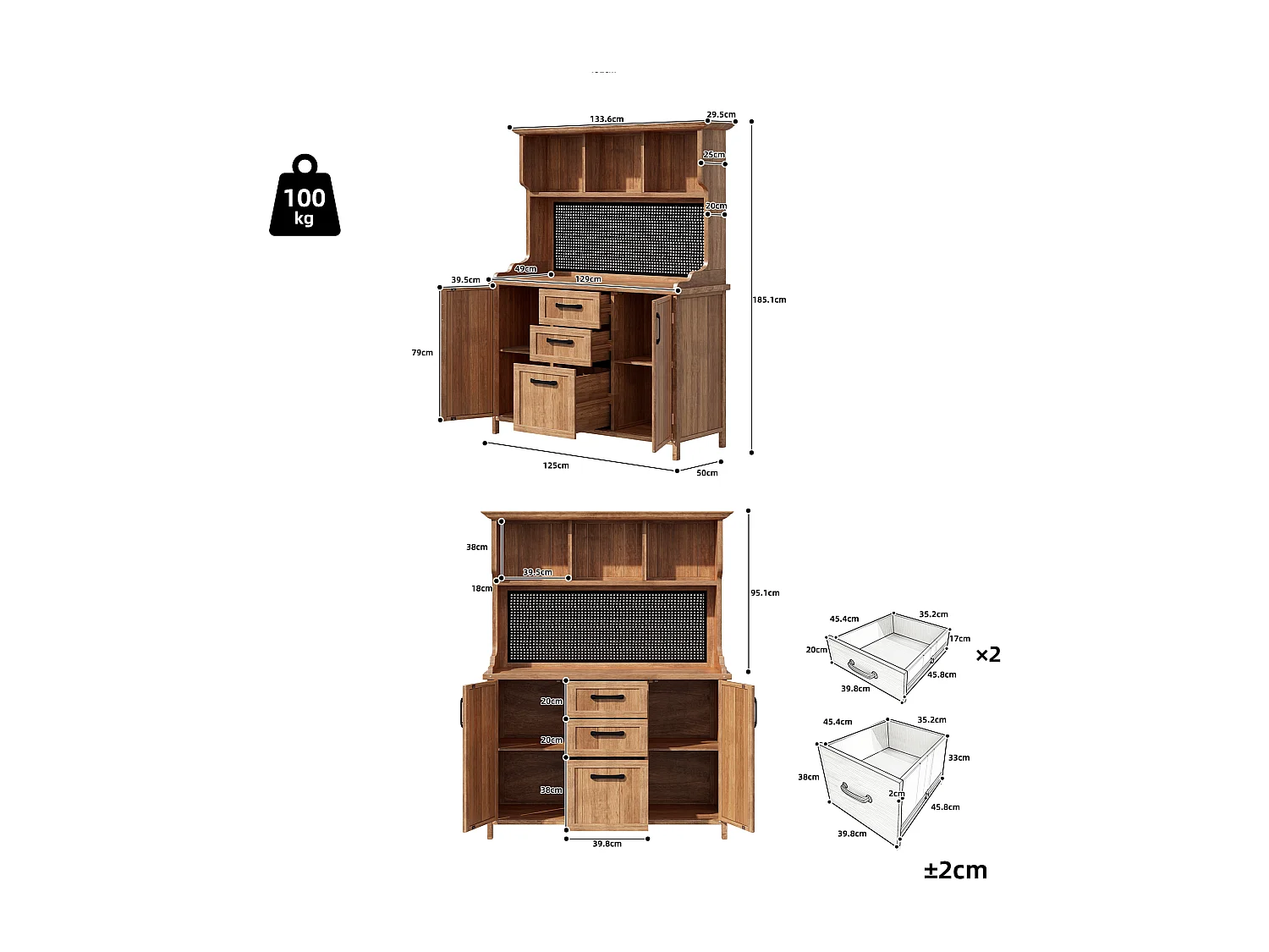 Garten-Buffet aus Massivkiefer mit 3 Schubladen, Lochplatte und Höhenverstellbaren Regalen - Außen-Aufbewahrungsschrank im Vintage-Stil - Natur