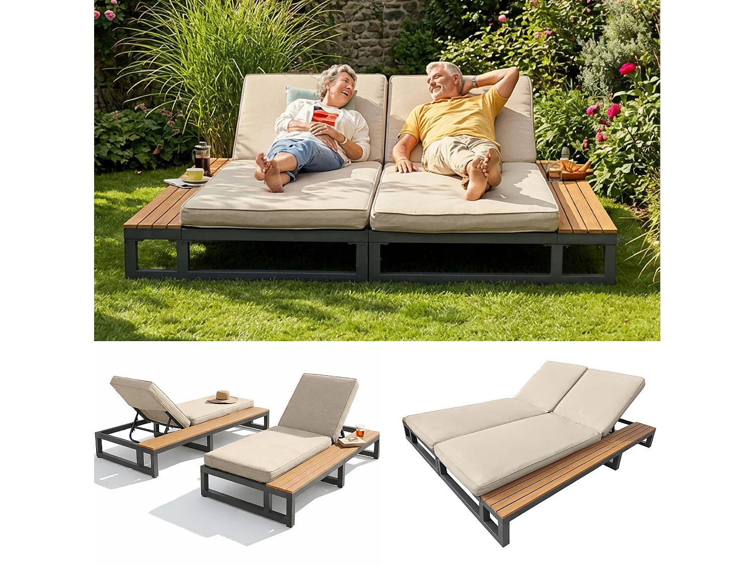 Bain de Soleil de Jardin Double avec Tablettes Latérales en WPC - Lit de Repos XXL 2 Places - Dossiers Inclinables Indépendants - Beige